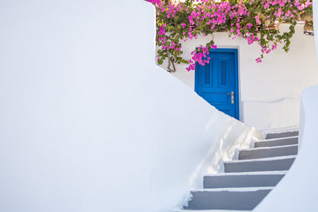 Old blue door and pink flowers, traditional Greek architecture, Santorini island, Greece. Romantic street Oia, Santorini, white houses blue door. Artistic fine art travel vacationの写真素材