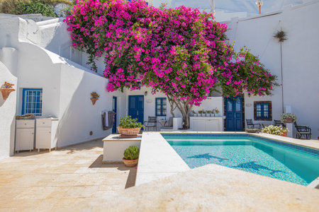 Santorini, Greece landscape, pool caldera view flowers blue doors. Romantic couple destination sunny sky, summer hotel resort travel vacation holiday. Inspire destination 25.07.21のeditorial素材