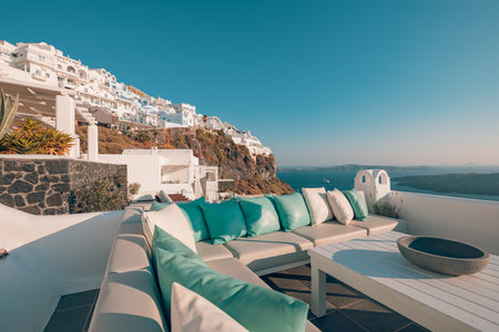Santorini island, Oia caldera, leisure terrace loungers, amazing sunny sea horizon recreational calm relax. Inspirational beach resort hotel. Luxury Greece travel vacation 24.07.21のeditorial素材
