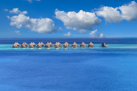 Maldives paradise bay. Tropical aerial landscape, seascape water villas bungalows amazing sea reef lagoon beach, tropical nature. Exotic tourism destination banner, summer vacationの写真素材