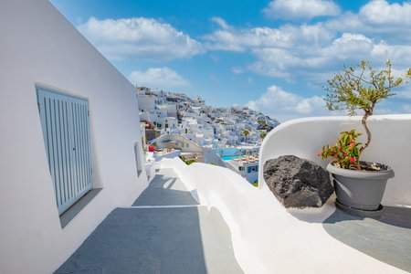 Beautiful details of island of Santorini, white houses, blue doors shutters, scenic views of Aegean Sea. Summer travel landscape, rural view. Idyllic vacation destination, holidayの写真素材