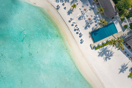Luxury resort bay, beach from aerial top view, amazing beachfront, swimming pool tropical island beach. Palm trees in sunlight, beds umbrellas parasols. Summer landscape, vacationの写真素材