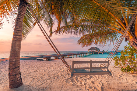 Romantic couple swing close to calm sea and tropical islands shore. Exotic paradise beach landscape, palm trees, sunset sky and summer landscape view. Maldives pier, water villaの写真素材