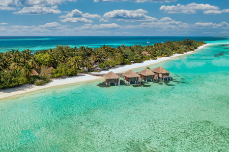 Luxury Maldives paradise. Tropical aerial travel landscape, seascape water villas, amazing sea sand sky beach, tropical island nature. Exotic tourism destination summer vacationの写真素材
