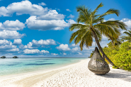 Tropical wellbeing beach background as summer relax landscape beach swing or hammock white sand calm sea. Amazing leisure beach scene vacation and summer destination. Luxury travelの写真素材