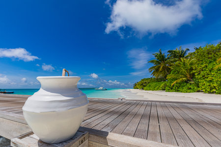 Exotic tropical beach in Maldives with few palm trees and lagoon. White bowl on resort pier. Maldives decoration backgroundの写真素材