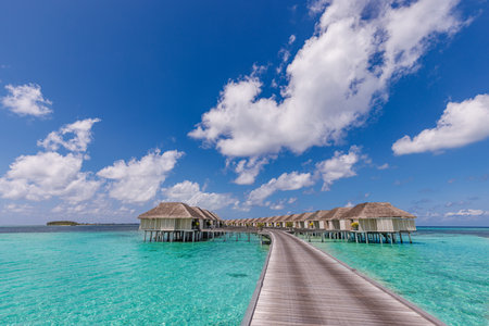 Panoramic landscape of Maldives beach. Tropical panorama, luxury water villa resort with wooden pier or jetty. Luxury travel destination background for summer holiday and vacationの写真素材