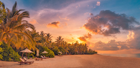 Beautiful tropical sunset couple sun beds, loungers, umbrella palm tree. White sand sea view horizon colorful twilight sky, calmness relaxation. Inspirational beach resort hotelの写真素材