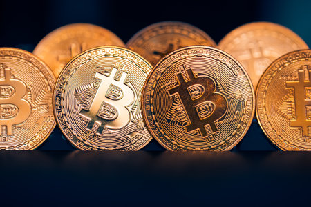 Golden bitcoin digital crypto currency. Cryptocurrency bitcoin future coin. Abstract business crypto...