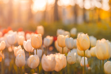 Bright sunset light romantic colorful tulip flowers. Happy garden park idyllic floral. Blooming springtime nature beautiful natural spring panorama. Closeup seasonal garden fieldの写真素材
