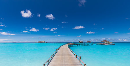 Maldives paradise island. Tropical aerial landscape, seascape with jetty, water bungalows villas with amazing sea lagoon beach. Exotic tourism destination summer vacation backgroudの写真素材