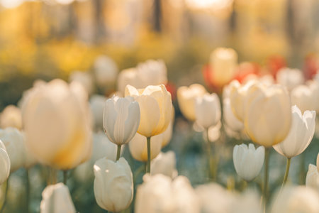 Vintage sunset tulip flowers blooming in tulip field under background of blurry springtime floral garden under sunlight. Romantic springtime nature beautiful natural lovely springの写真素材