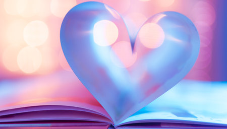 Closeup love Valenstines day. Perfect heart shape book pages romantic. Vintage style copy space text lights reflection. Beautiful February Valentine day artistic couple anniversaryの写真素材