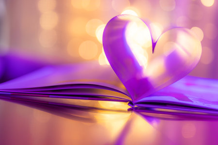 Closeup love Valenstines day design. Perfect heart shape book pages romantic. Vintage style text lights reflections. Beautiful February Valentine day art. Couples anniversaryの写真素材