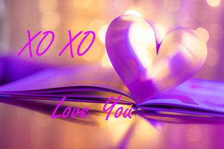 Closeup love Valenstines day Perfect heart shape book pages romantic. Vintage style colors, quotes lights reflections. Beautiful February Valentine day artistic. Couple anniversaryの写真素材