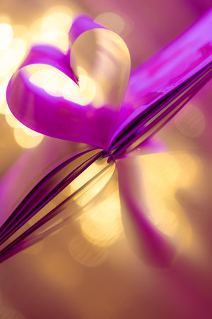 Closeup love Valenstines day. Perfect heart shape book pages romantic. Vintage style copy space text lights reflection. Beautiful February Valentine day artistic couple anniversaryの写真素材