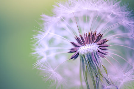 Macro image of dandelions with morning dew, raindrops, natural blue green blurred spring background, selective focus. Calmness inspire concept, closeup dandelion, beautiful natureの写真素材