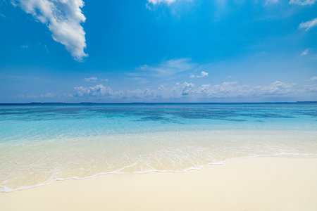 Tropical sunny beach view. Calm sunshine relaxing empty shore, blue sky happy clouds white sand. Tranquil nature shore coast landscape. Seaside beachfront horizon seascape sunlightの写真素材
