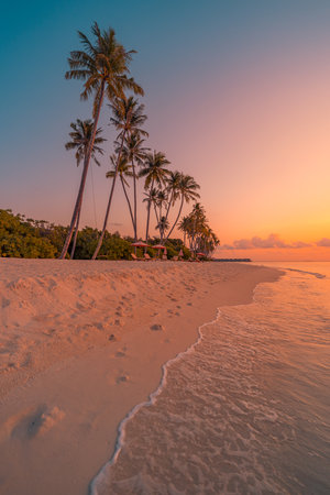 Fantastic tourism calm sea water waves orange sunrise sunset sunlight. Tropical island beach landscape, exotic shore coast. Summer vacation, holiday amazing nature. Relax paradiseの写真素材