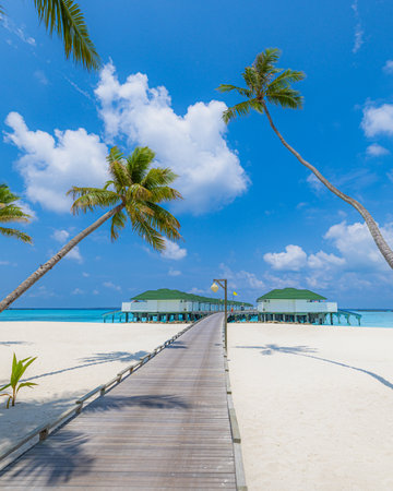 Stunning Maldives water villas over turquoise sea with white sand sky sunshine under palm leaves tropical island paradise perfect summer vacation travel relaxation exotic escapeの写真素材
