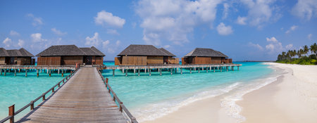 Perfect tropical travel landscape with Maldives water villas, calm waves along sunny island shore under blue sky, dream vacation and tourism paradiseの写真素材