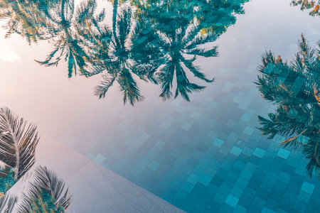Dreamy summer vacation with swimming pool water reflection palm trees and bright sky idyllic tourism...