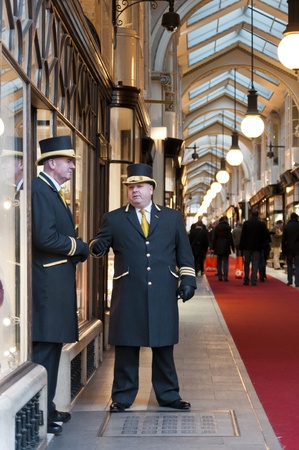 LONDON, UK - JANUARY 13: Traditional doormen in front of Burlington Arcade. January 13, 2012 in...