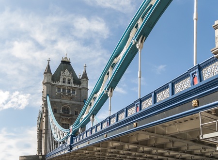 Low angle cropped shot of Tower Bridge, in London. The iconic bridge was completed in 1894.の写真素材