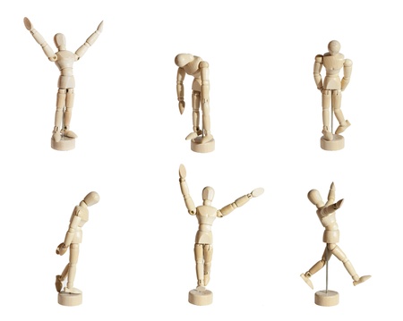 Six wood mannequins showing diverse emotions against white background.の写真素材
