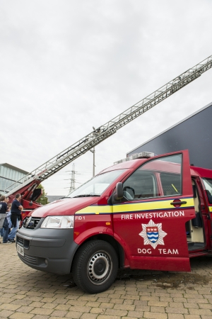 LONDON, UK - OCTOBER 20: Detail of British fire brigade dog team van. Firefighters from across the...