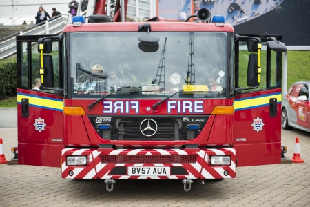LONDON, UK - OCTOBER 20: Detail of British fire engine. Firefighters from across the globe met to demonstrate their skills at the World Rescue Challenge, at the Excel Centre. October 20, 2012 in London.のeditorial素材