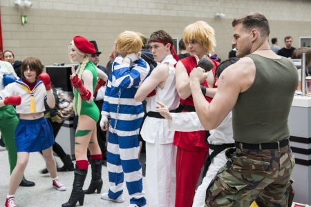 LONDON, UK - OCTOBER 28: Cosplayers impersonating characters from Street Fighter pose for...