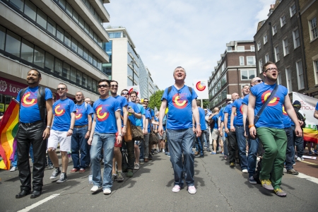 LONDON, UK - JUNE 29: London Gay Men's Chorus at the Gay Pride Parade in Baker Street. June 29, 2013 in London.のeditorial素材