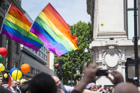 LONDON, UK - JUNE 29: Rainbow flags in front of department store Selfridges at the London Gay Pride parade in Oxford Street. June 29, 2013 in London.のeditorial素材