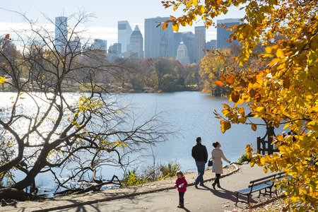 NEW YORK, US - NOVEMBER 23: Manhattan skyline with Central Park lake in the foreground in Autumn. November 23, 2013 in New York.のeditorial素材