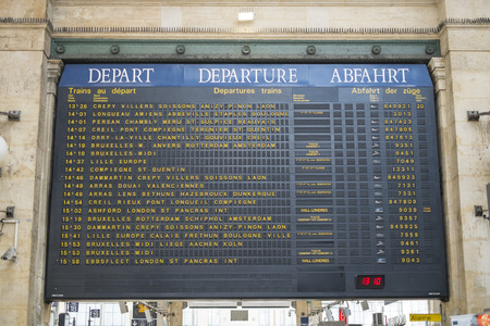 Paris, FRANCE - OCTOBER 21: Departures board in Gare ru Nord showing names of European cities. October 21, 2013 in Paris.のeditorial素材