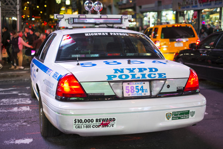 NEW YORK, US - NOVEMBER 22: Detail of rear of New York Police car. November 22, 2013 in New York.のeditorial素材
