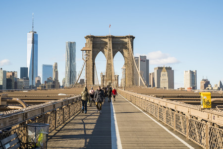 NEW YORK, US - NOVEMBER 24: Lower Manhattan skyline seeing from Brooklyn Bridge. November 24, 2013 in New York.のeditorial素材