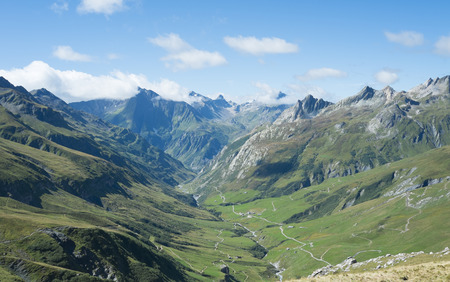 VILLE DES GLACIERS, FRANCE - AUGUST 27: Ville des Glaciers with Les Chapieux in the background. The region is a stage at the popular Mont Blanc tour. August 27, 2014 in Ville des Glaciers.のeditorial素材