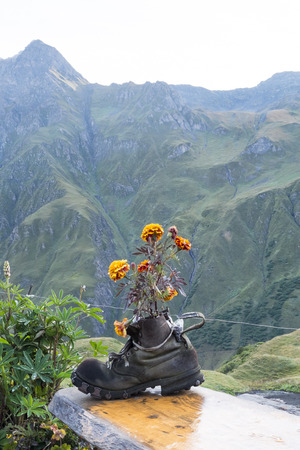 LA PEULE, SWITZERLAND - AUGUST 30: Walking boot turned flower pot in refuge La Peule, with mountains in the background. The refuge is a Mont Blanc tour stage. August 30, 2014 in La Peule.のeditorial素材