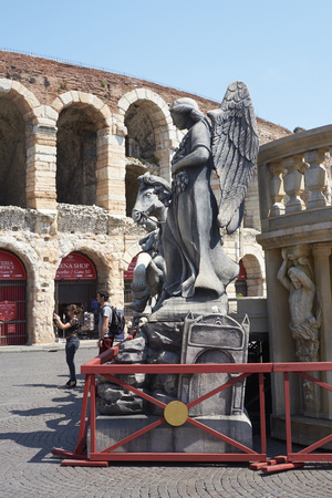 VERONA, ITALY - JULY 13: Prop of an angel outisde the Arena. July 13, 2015 in Verona. The Opera Festival is one of the main international events in the opera circuit.のeditorial素材