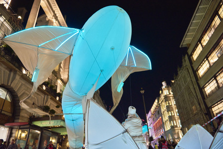 LONDON, UK - JANUARY 14: Les Luminoles installation by art group Port par le vent. The fish-like illuminated kites are part of the Lumiere London. January 14, 2016 in London.のeditorial素材