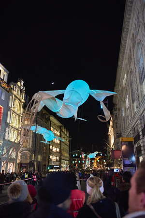LONDON, UK - JANUARY 14: Les Luminoles installation by art group Port par le vent. The fish-like illuminated kites are part of the Lumiere London. January 14, 2016 in London.のeditorial素材