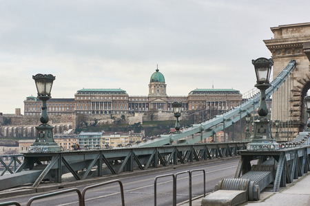 Szechenyi Chain Bridge with Buda Castle in the background. February 02, 2016 in Budapest, Hungary.のeditorial素材