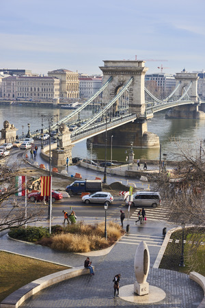 BUDAPEST, HUNGARY - FEBRUARY 02: High angle shot of Szechenyi Chain Bridge with heavy traffic, accross Danube River. February 02, 2016 in Budapest.のeditorial素材