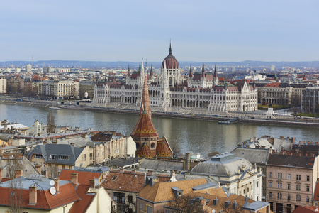 BUDAPEST, HUNGARY - FEBRUARY 02: Cityscape featuring the Hungarian Parliament building across Danube river. February 02, 2016 in Budapest.のeditorial素材