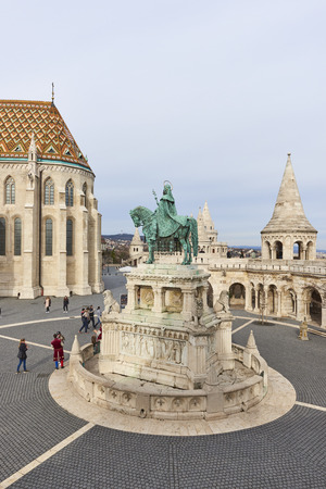 BUDAPEST, HUNGARY - FEBRUARY 02: High angle shot of Fisherman's Bastion, with bronze statue of Saint Stephen, in the Old Town district. February 02, 2016 in Budapest.のeditorial素材