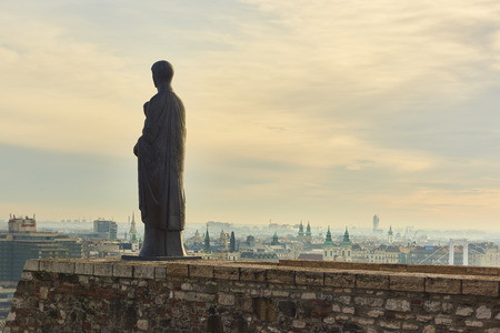 BUDAPEST, HUNGARY - FEBRUARY 02: Bronze statue of Virgin Mary by sculptor Laszlo Matyassy outside Buda Castle, overlooking Budapest city across the Danube river. February 02, 2016 in Budapest.のeditorial素材