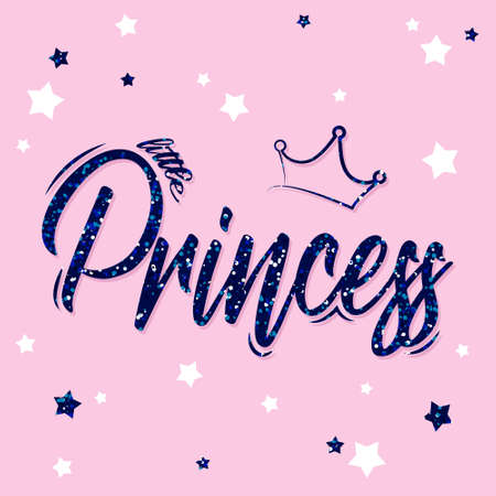 Calligraphy lettering princess background. Hand drawn lettering little princess with crown. Kids print for girl. Lettering typography, poster, cloth, card, decor.のイラスト素材