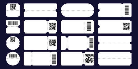 Set ticket template with tear-off element, barcode and QR code isolated.